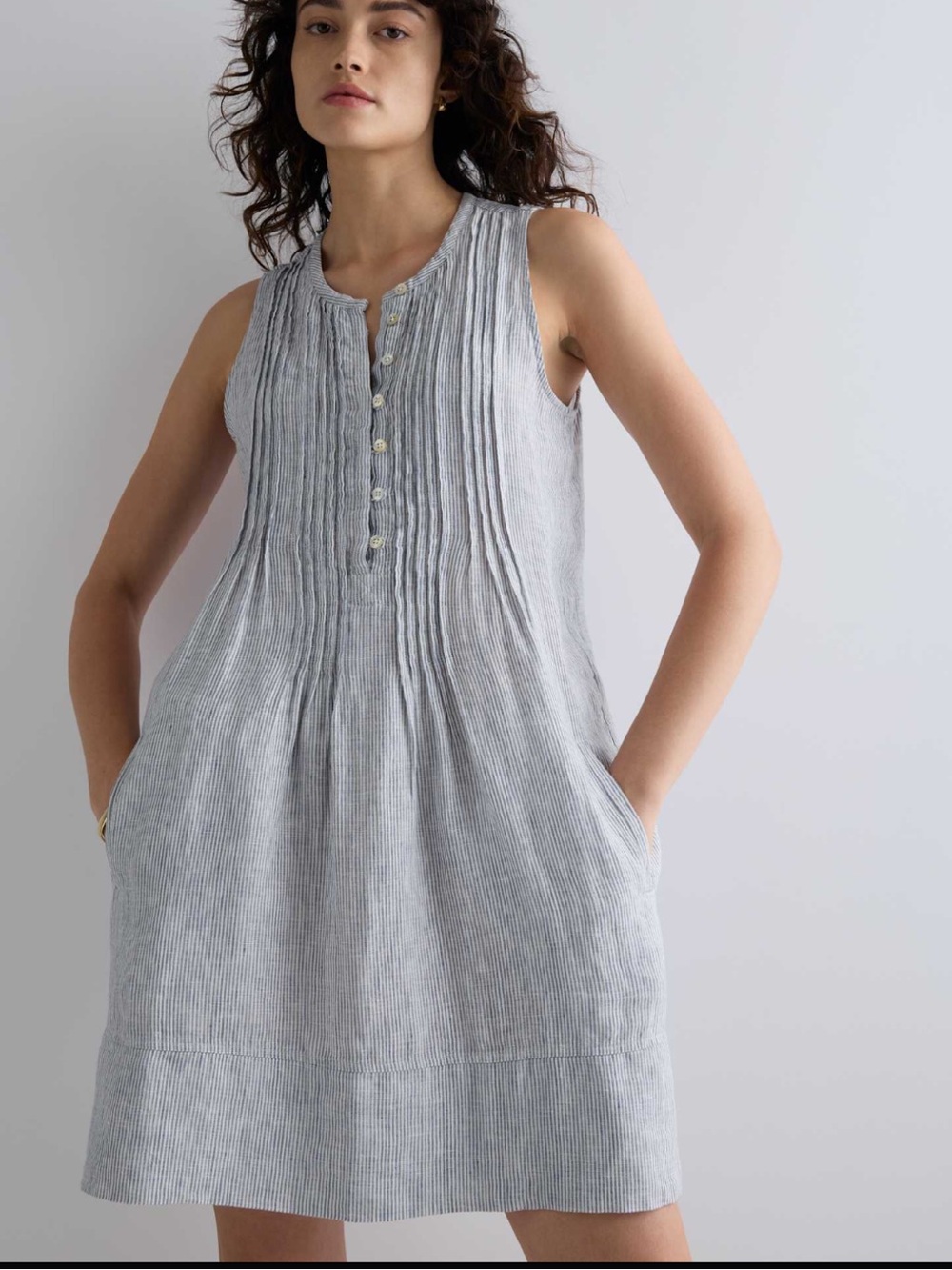 Quince Blue Pinstripe European Linen Sleeveless Swing Dress